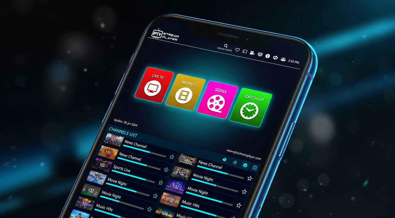 Interface de aplicativo IPTV Stream Player em funcionamento